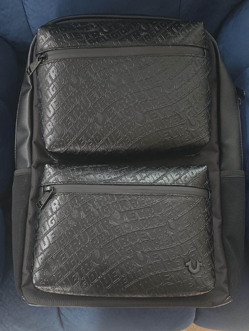 True Religion: Men's Black Embossed Double-Pocket Backpack - Sleek Urban Carry